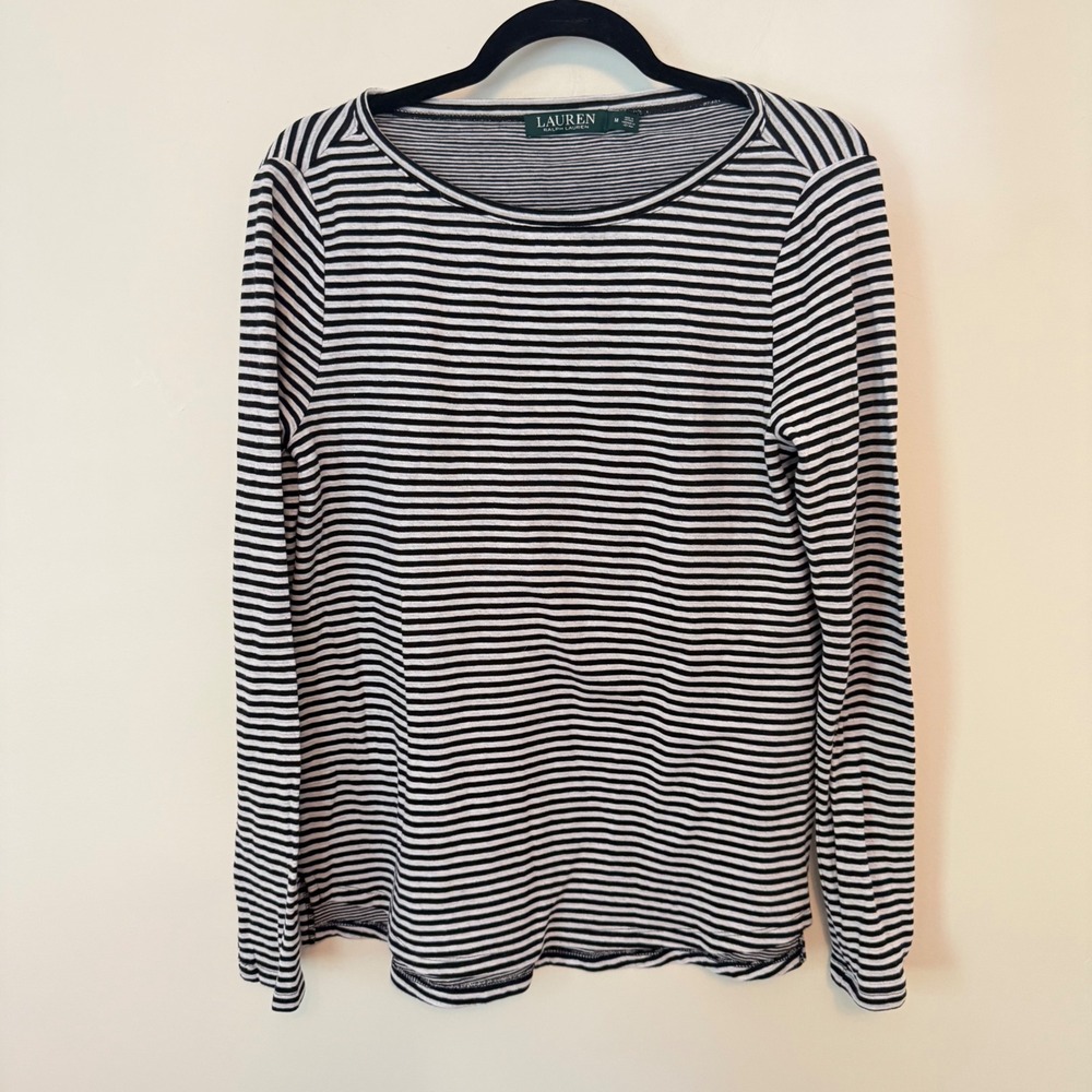 Lauren Ralph Lauren Black White Striped Long Sleeve Scoop Neck Top Size M